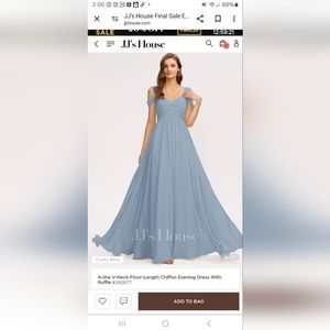 JJ's House Dusty Blue A-line V-neck Chiffon Evening Gown, Size 12